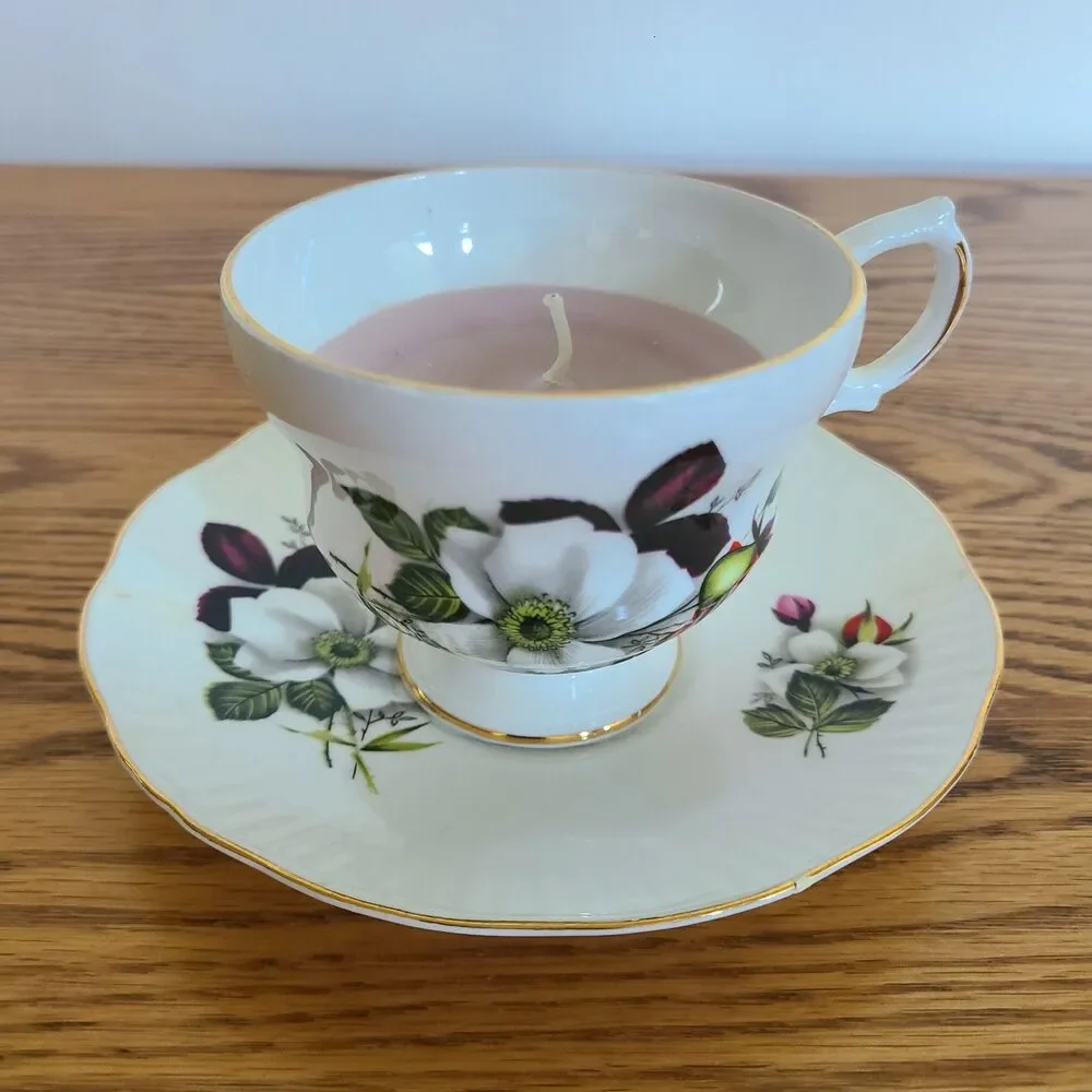 Vintage Tea Cup And Saucer Candle Floral Fragrance Royal Dover China Unlit